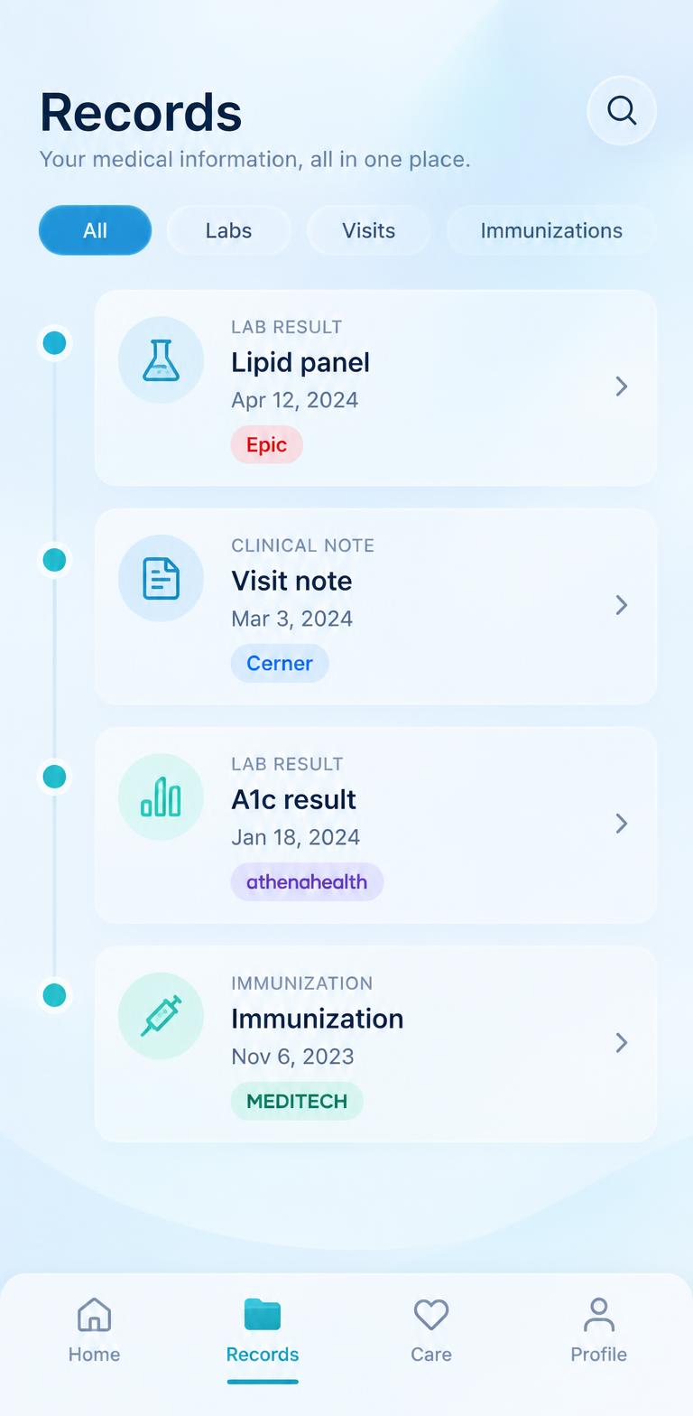 Haywaters Health app records timeline with results from Epic, Cerner, athenahealth, and MEDITECH